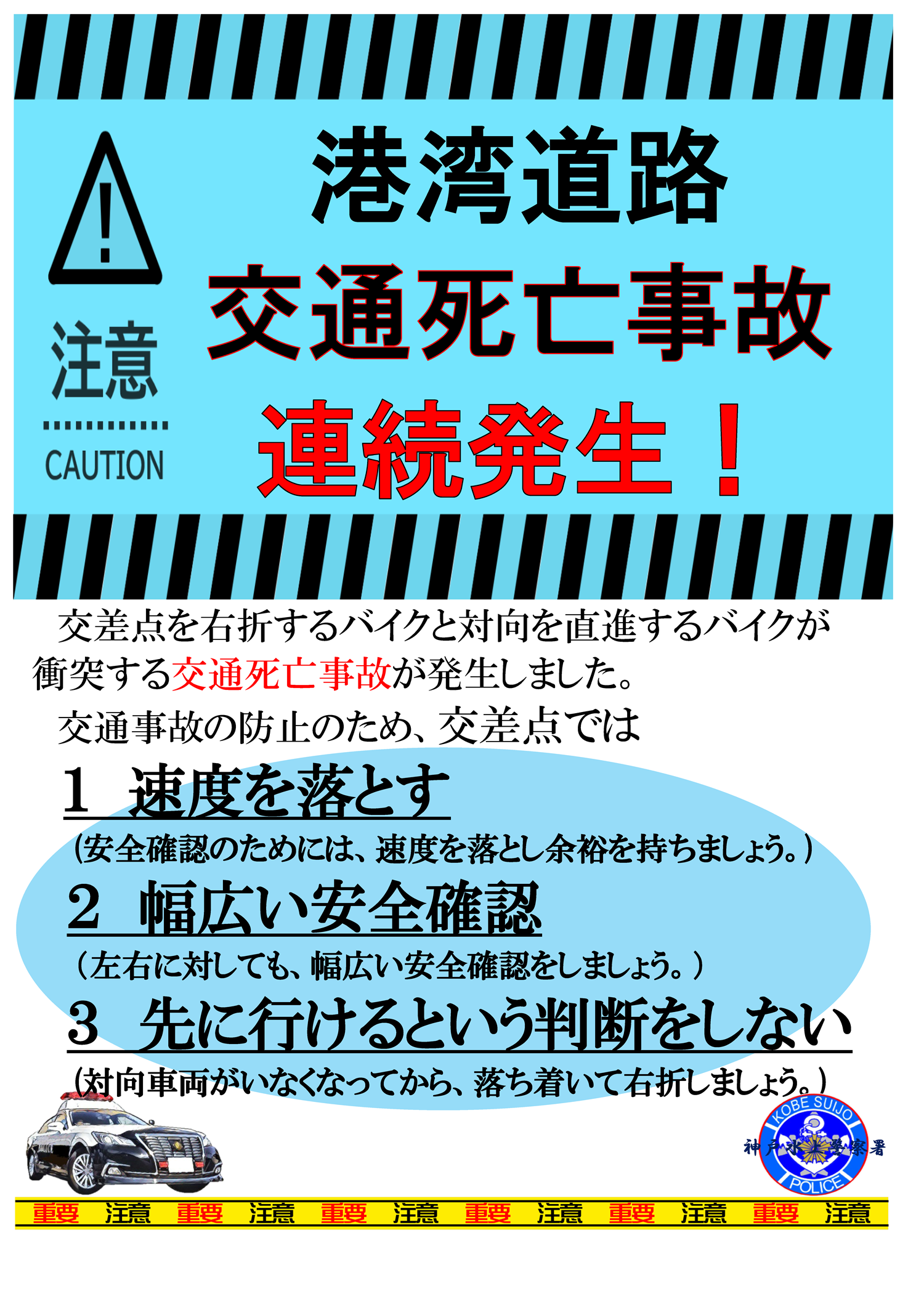 港湾道路交通死亡事故連続発生！交差点を右折するバイクと対向を直進するバイクが衝突する交通死亡事故が発生しました。交通事故の防止のため、交差点では　１　速度を落とす　安全確認のためには、速度を落とし余裕を持ちましょう。２　幅広い安全確認　左右に対しても、幅広い安全確認をしましょう。３　先に行けるという判断をしない　対向車両がいなくなってから、落ち着いて右折しましょう。